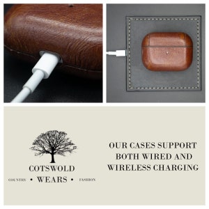 May include: A brown leather case for wireless earbuds. The case is shown being charged both wirelessly and with a wired connection. The text "OUR CASES SUPPORT BOTH WIRED AND WIRELESS CHARGING" is displayed below the image.
