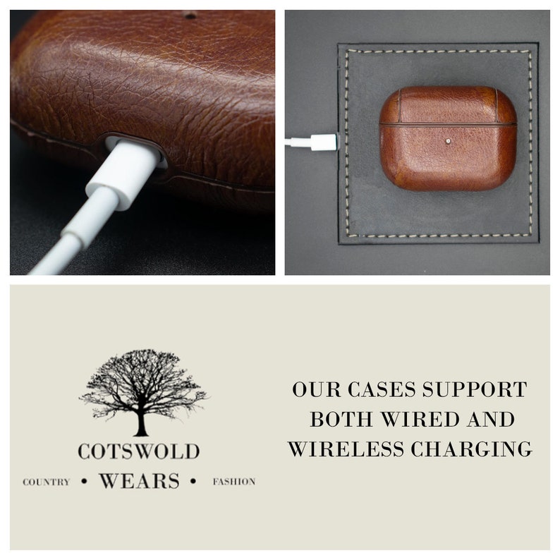 May include: A brown leather case for wireless earbuds. The case is shown being charged both wirelessly and with a wired connection. The text "OUR CASES SUPPORT BOTH WIRED AND WIRELESS CHARGING" is displayed below the image.