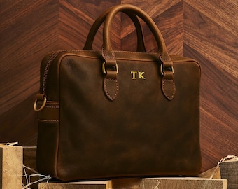 Personalized Leather Messenger Bag / Laptop Briefcase / Shoulder Commuter Bag / Work Bag / Brass Hardware / Embossed Letters