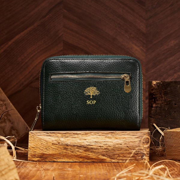 Personalised Women's Genuine Leather Purse /  Ladies Racing Green Leather Purse with Coin Holder / Women's Wallet with Golden Metal Hardware