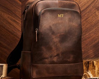 Mochila de couro com compartimento para laptop, tablet e celular / Mochila de couro legítimo / Mochila vintage masculina e feminina / Mochila de ombro