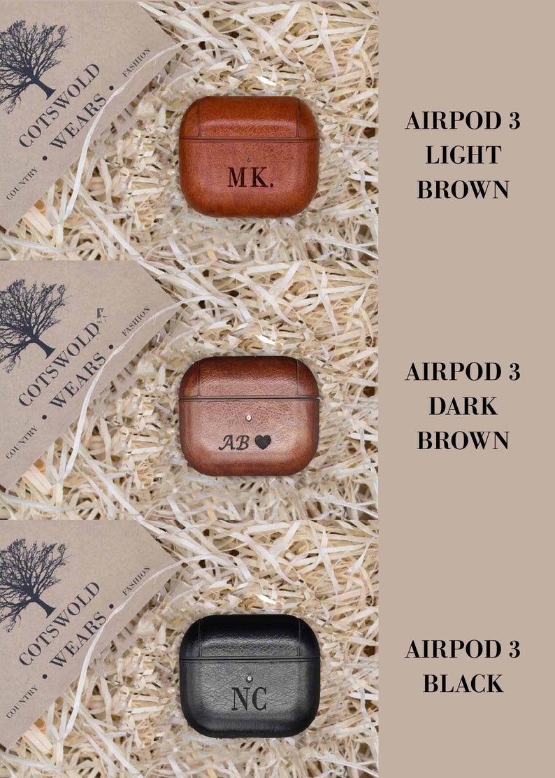 May include: Three Airpod 3 cases in different colors and materials. The first case is light brown leather with the initials "MK." engraved on it. The second case is dark brown leather with the initials "AB" and a heart engraved on it. The third case is black leather with the initials "NC" engraved on it.