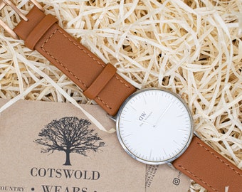 Handmade Personalised 20mm Brown Leather Watch Strap / Genuine Leather Band Rose Gold Buckle / Samsung Galaxy Watch 7 6 Classic 5 Pro Active