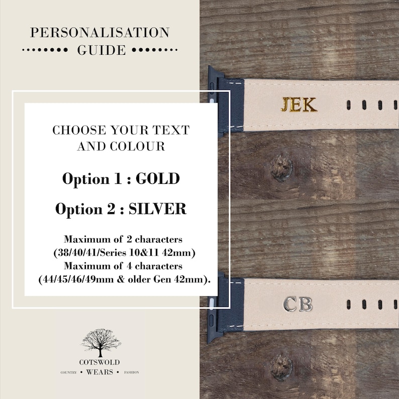 May include: A beige watch strap featuring a dark connector and personalized lettering. The top strap displays the gold initials JEK, while the bottom strap shows the silver initials CB. Text includes Personalisation Guide, Choose Your Text and Colour.