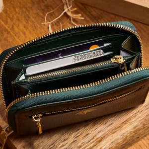 Personalised Women's Genuine Leather Purse / Ladies Racing Green Leather Purse with Coin Holder / Women's Wallet with Golden Metal Hardware image 4