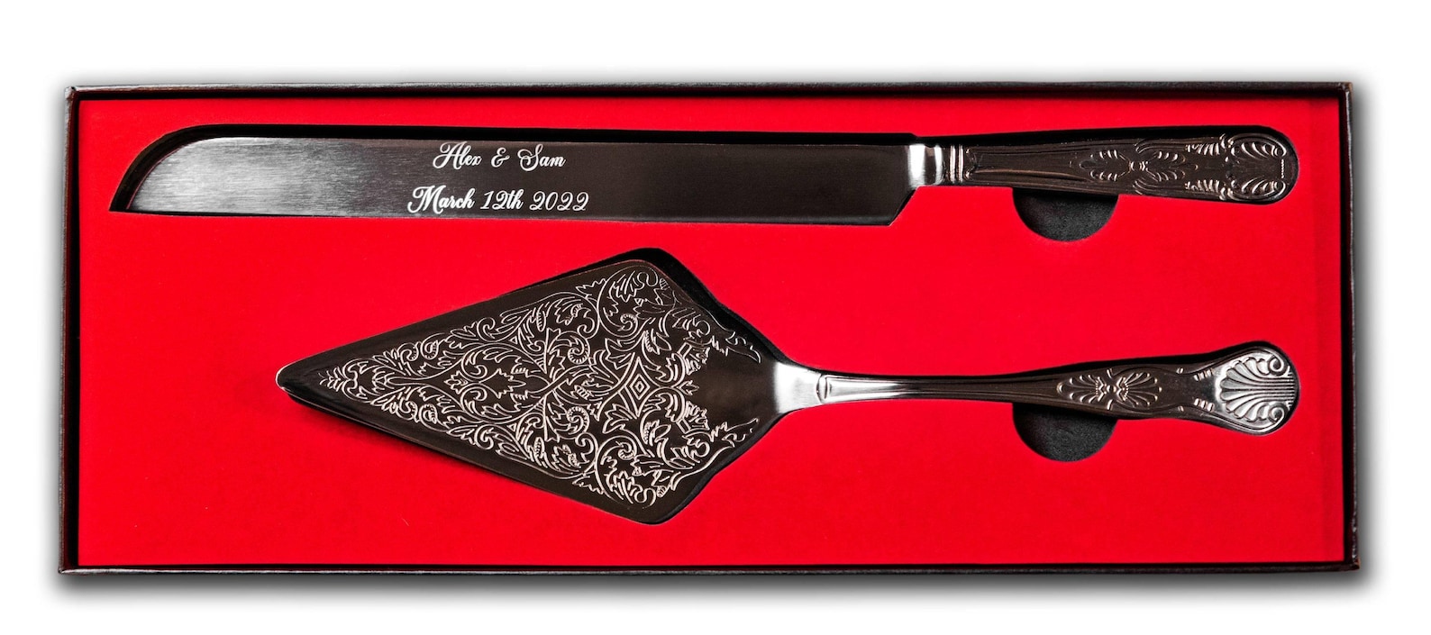 Personalized Wedding Cake Knife and Server Set | Elegant Bridal Pastry Knife | Marriage gift | Matrimonial Ceremony Dessert Silverware - FullSetEngravedFont1