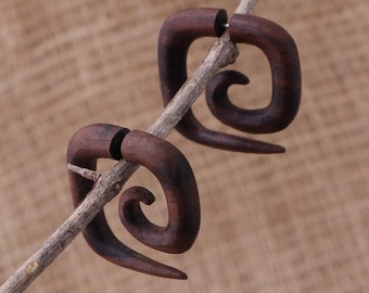 Small Square Fake Gauge Earrings, Wood Carving, Handcarved Earrings, Handmade Jewelry, Wood Accessories, Bali Jewelry, B16