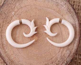 Small Spiral Earrings, Bone Fake Gauges, Cow Bone Hand Carved Earrings, B05