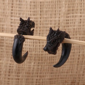 Black Dragon Earrings, Hand Carved Horn Earrings, Horn Fake Gauge Earrings, B81