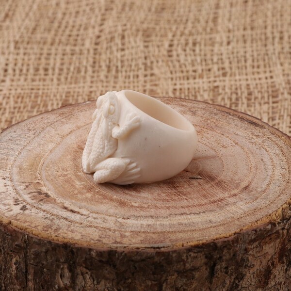 Bone Ring with Frog Carving, Handmade Bone Ring, B99