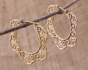 Geo Brass Hoop Earrings, Handcarved Earrings, Handmade Jewelry, Brass Accessories, Bali Jewelry, B68