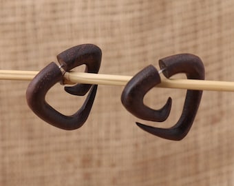 Small Triangle Fake Gauge Earrings, Wood Carving, Handcarved Earrings, Handmade Jewelry, Wood Accessories, Bali Jewelry, B14