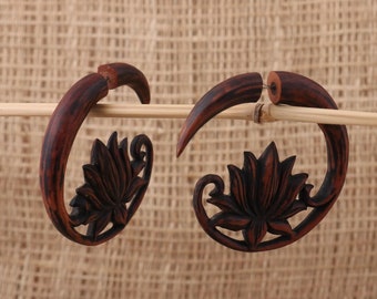 Lotus Earrings with Antique Color, Wood Carving, Handcarved Earrings, Handmade Jewelry, Wood Accessories, Bali Jewelry, B84