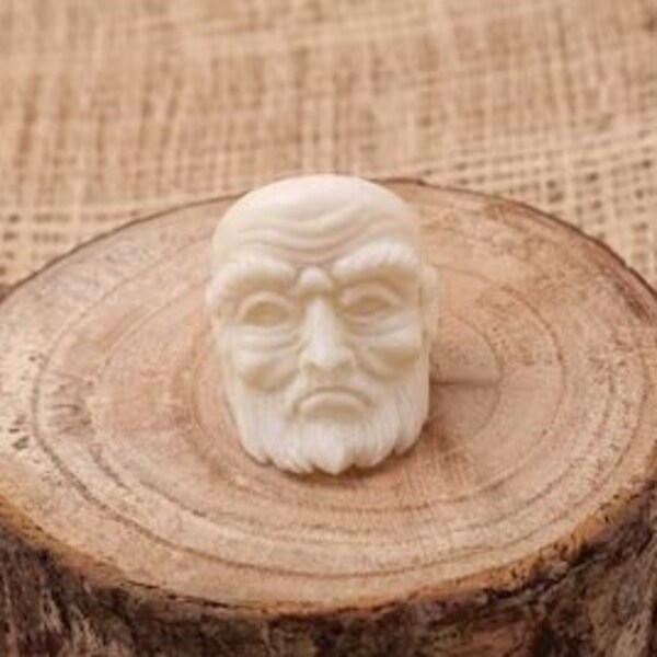 Old Man Face Carving Bone Ring, Handmade Bone Ring, B99