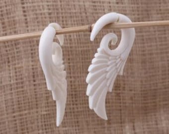 Bone Wing Fake Gauge Earrings, Medium Fake Gauges, Bone Hand Carved Earrings, B75