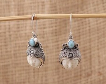 Larimar Gemstone Earrings, Bali Silver Earrings, Moon Face 925 Sterling Silver Earrings, B56