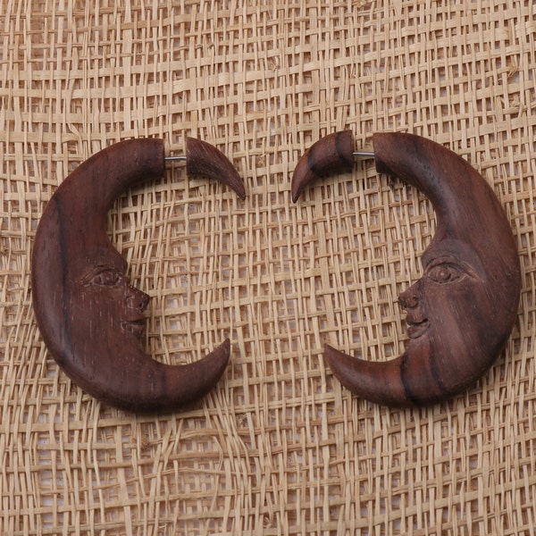 Crescent Moon Earrings, Moon Face Earrings, Hand Carved Sono Wood Earrings, Fake Gauge Wood, B87