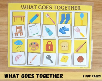 What goes together, Association matching busy book printable pdf page, preschool, toddler, Autism activity