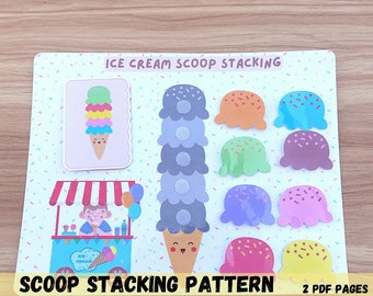 Pagina PDF del libro di attività con schema di impilamento di palline di gelato, per bambini piccoli, scuola materna, istruzione parentale, pagina di raccoglitore per apprendimento adattato