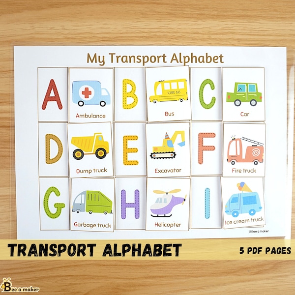 Transport alphabet printable pdf download busy book pages, vehicle phonics for toddler, preschool, Montessori, homeschool activities