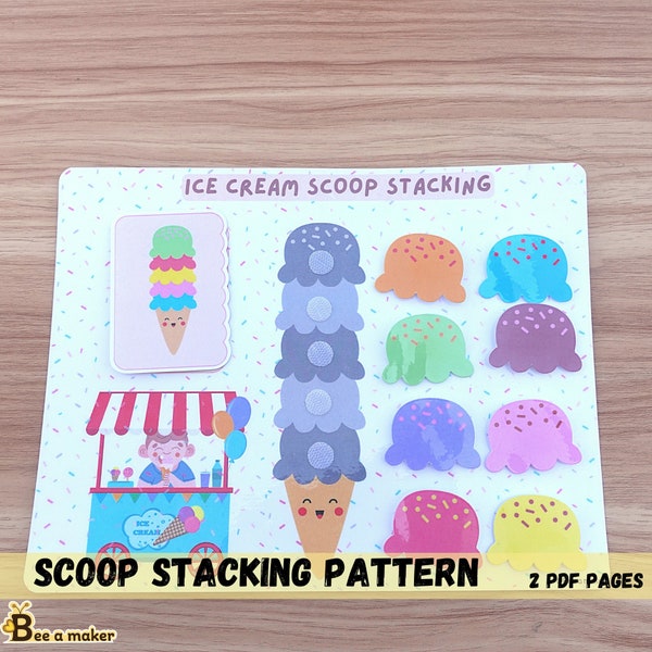 Ice-cream scoop stacking pattern busy book pdf page, toddler, preschool, homeschool, adapted learning binder page