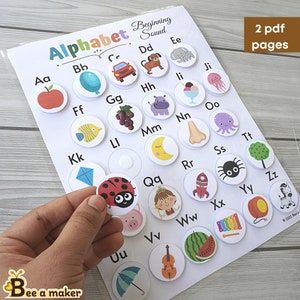 Página imprimible en formato PDF del libro de actividades con los primeros sonidos del alfabeto, para preescolar, niños pequeños, educación en el hogar, Montessori, página de carpeta de aprendizaje adaptada