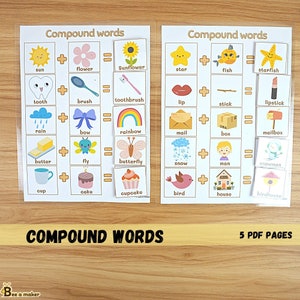 Palabras compuestas páginas imprimibles de libros ocupados, niños pequeños, preescolar, Montessori, página de carpeta de aprendizaje en casa
