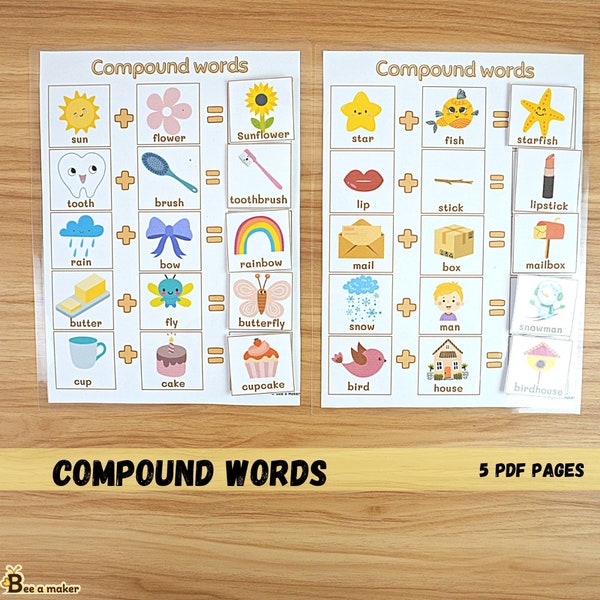 Compound words busy book printable pages, toddler, preschool, Montessori, homeschool learning binder page