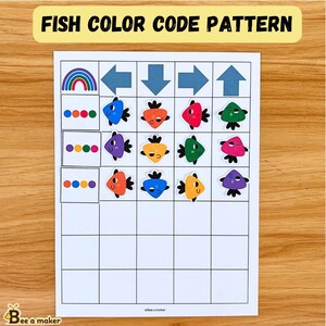 May include: A printable worksheet featuring a rainbow, arrows, and a colour-coded pattern of fish. The worksheet is designed for children to practise colour recognition and pattern sequencing.