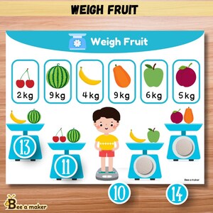 May include: Educational poster titled "Weigh Fruit" featuring illustrations of fruits with their weights in kilograms. Includes a child figure and scales. The poster is designed with a blue and white color scheme.