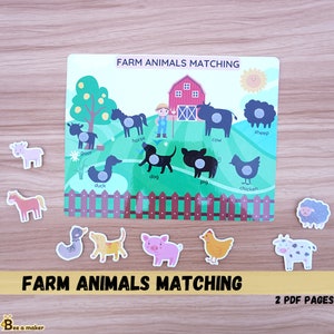 農場の動物たちとマッチした忙しい本の印刷可能なページ、幼児、自閉症、幼稚園、家庭学習のアクティビティ