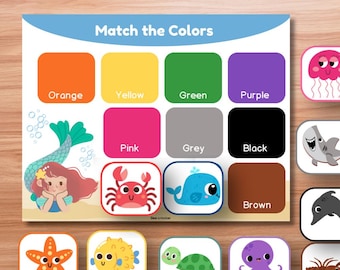 Ocean Animal Color Matching Activity | Printable Busy Book Page | Learn Colors with Mermaid | A4 & Letter Size | Preschool Learning
