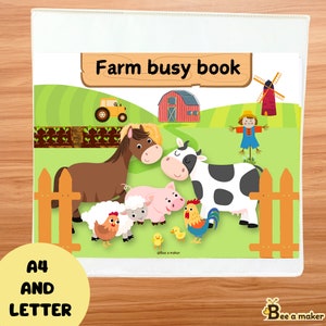 Könnte beinhalten: Ein farbenfrohes Bauernhof-Beschäftigungsbuch mit einem roten Stall, einem Traktor, einem Pferd, einer Kuh, einem Schwein, einem Schaf, einem Hahn und einer Vogelscheuche. Das Buch ist mit "Farm busy book" beschriftet und für Kinder konzipiert.