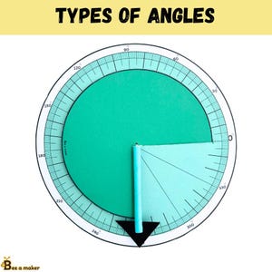 May include: A white protractor with a black outline and markings in degrees. The protractor is divided into sections of different colors, including green, light blue, and dark blue. A blue arrow points to the 270 degree mark.