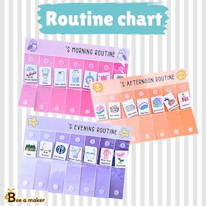 May include: Three rectangular routine charts labeled Morning, Afternoon, and Evening. Each chart features rows of small, removable illustrated cards with tasks like Brush teeth, Potty, Eat Lunch, and Playtime, secured with white plastic snaps.