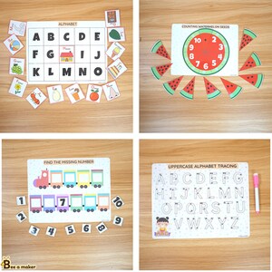 May include: Four printable educational worksheets for kids. The first worksheet is an alphabet chart with pictures of objects starting with each letter. The second worksheet is a counting activity with watermelon slices. The third worksheet is a number train with missing numbers. The fourth worksheet is an uppercase alphabet tracing activity.