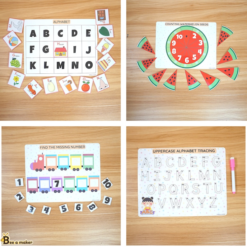 May include: Four printable educational worksheets for kids. The first worksheet is an alphabet chart with pictures of objects starting with each letter. The second worksheet is a counting activity with watermelon slices. The third worksheet is a number train with missing numbers. The fourth worksheet is an uppercase alphabet tracing activity.