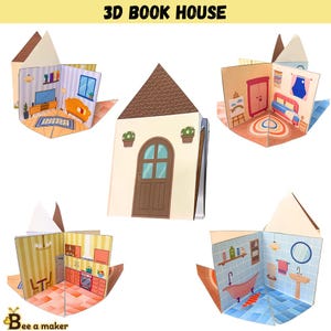 Può includere: Una casa libro 3D che presenta una vista esterna centrale con porta e tetto marroni. Quattro pagine aperte mostrano stanze illustrate: un soggiorno con divano e televisione, una camera da letto con letto, una cucina con mobili e un bagno con vasca.