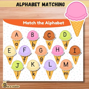 Juego de emparejar helados con el alfabeto / Emparejar letras mayúsculas y minúsculas / Actividad preescolar con velcro (PDF imprimible)