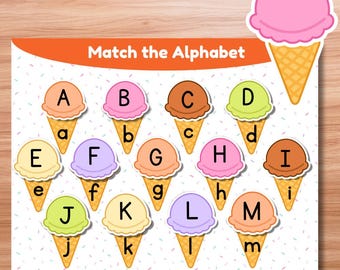 Jogo de Combinar Sorvetes com o Alfabeto | Combinar Letras Maiúsculas e Minúsculas | Atividade para Pré-Escolares (PDF para Imprimir)