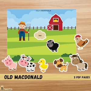 May include: A printable Old MacDonald Had a Farm activity with a red barn, a farmer, a pig, a cow, a duck, a dog, a horse, a sheep, and a chicken. The text "Old MacDonald" and "3 PDF Pages" is included on the page.
