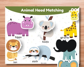 Animal Head Matching Printable | Toddler Busy Book Page | Farm & Zoo Animal Learning Activity | A4 and Letter Size | Montessori-Inspired