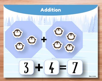 Penguin Addition Math Game | Winter Preschool Activity | Printable Learning Center | Busy book page