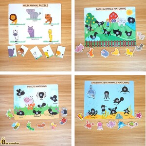 May include: Four colorful educational matching games for kids featuring wild animals, farm animals, insects, and underwater animals. Each game includes a board with black and white images and corresponding colorful pieces to match.