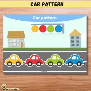 Peut inclure: Une affiche éducative colorée avec le texte "CAR PATTERN" et "Car pattern". Elle présente des illustrations de maisons, un feu tricolore et quatre voitures jaunes, rouges, vertes et bleues, pour l'apprentissage des motifs.