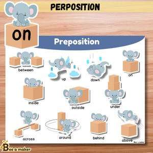 May include: A colourful educational chart with a cartoon elephant illustrating different prepositions. The words "on", "between", "up", "down", "inside", "outside", "under", "around", "behind", "across", and "above" are shown with corresponding images.