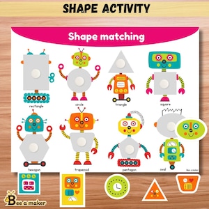 May include: A colorful shape matching activity featuring robot illustrations. The robots are composed of various shapes like rectangles, circles, and triangles. The image includes the text "Shape Activity" and "Shape matching".