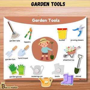 May include: A colorful illustration of various garden tools, including a rake, loppers, bucket, pruning shears, garden fork, hand trowel, wheelbarrow, garden gloves, watering can, boots, and shovel. The text "Garden Tools" is displayed at the top.