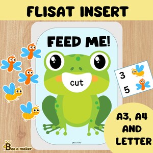 May include: A printable FLISAT insert featuring a green frog with the words "FEED ME!" and "cut" on it. There are five yellow and orange butterflies with blue wings. The numbers 3 and 5 are printed on a white card. The text "A3, A4 AND LETTER" is printed on a yellow circle.