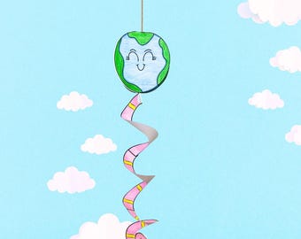 Earth Spinner Craft Printable | Earth Day Coloring Activity | DIY Hanging Spinner | Black and White PDF